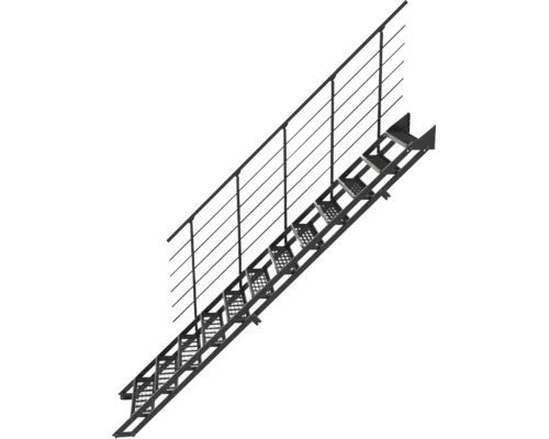 Metalltreppe aus Stahl mit Gitterroststufen und einseitigem Geländer.