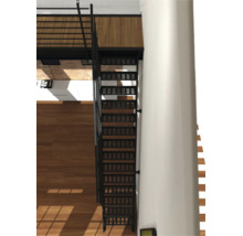 Draufsicht auf eine Industrietreppe mit schwarzem Metallrahmen und Lochblechstufen, die zu einer hölzernen Galerie führt.