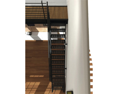 Draufsicht auf eine Industrietreppe mit schwarzem Metallrahmen und Lochblechstufen, die zu einer hölzernen Galerie führt.