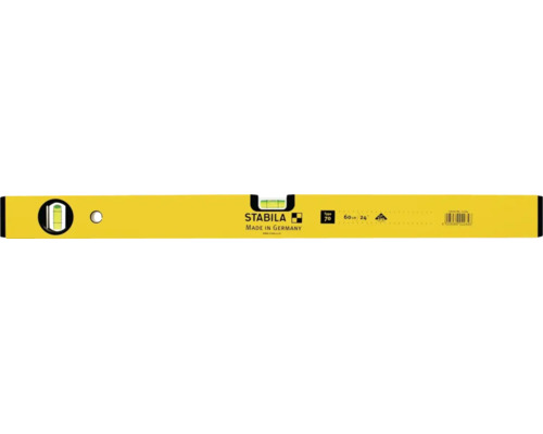 Gelbe STABILA Wasserwaage Type 70 aus Aluminium, Länge 60 Zentimeter, mit einer horizontalen und einer vertikalen Libelle.