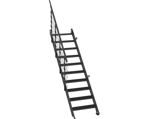 Industrielle Metalltreppe mit Geländer und Gitterroststufen.