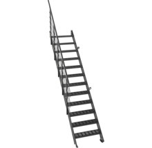 Metalltreppe mit Gitterroststufen und Geländer mit Querstäben.
