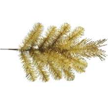 Künstlicher Tannenzweig in Gold mit glänzenden Nadeln aus Kunststoff für die Weihnachtsdekoration.