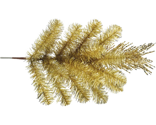 Künstlicher Tannenzweig in Gold mit glänzenden Nadeln aus Kunststoff für die Weihnachtsdekoration.
