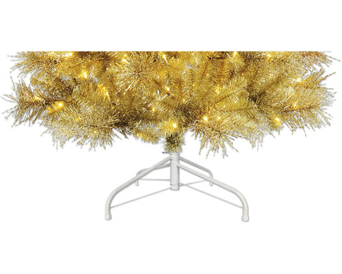 Künstlicher Weihnachtsbaum in Gold mit integrierter LED-Beleuchtung und weißem Metallständer.