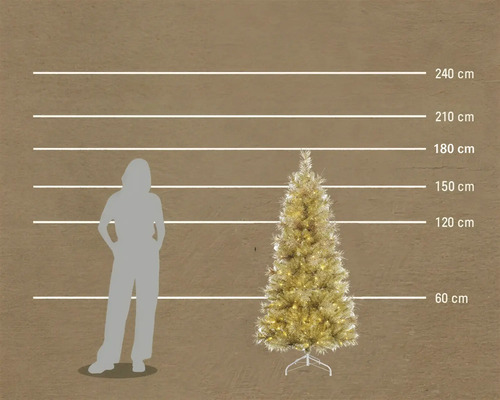 Künstlicher Weihnachtsbaum in Champagner mit Beleuchtung und einer Höhe von 180 Zentimetern im Größenvergleich zu einer Person.