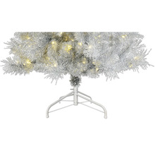 Künstlicher Weihnachtsbaum in Silber mit integrierter warmweißer LED-Beleuchtung und einem weißen Metallständer.