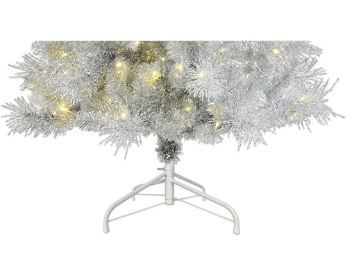 Künstlicher Weihnachtsbaum in Silber mit integrierter warmweißer LED-Beleuchtung und einem weißen Metallständer.