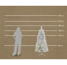 Künstlicher silberner Weihnachtsbaum mit Beleuchtung, Höhe circa 180 Zentimeter, im Größenvergleich zu einer Person.