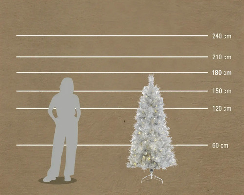 Künstlicher silberner Weihnachtsbaum mit Beleuchtung, Höhe circa 180 Zentimeter, im Größenvergleich zu einer Person.