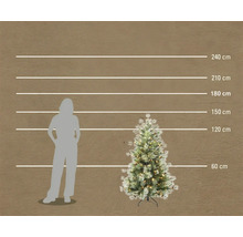 Künstlicher Weihnachtsbaum mit LED-Beleuchtung und Zapfen im Größenvergleich zur menschlichen Silhouette, Höhe 120 cm.