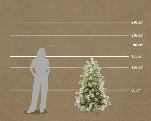 Künstlicher Weihnachtsbaum mit LED-Beleuchtung und Zapfen im Größenvergleich zur menschlichen Silhouette, Höhe 120 cm.