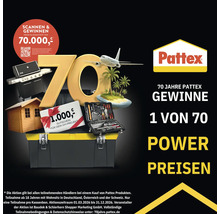 Werbegrafik für das 70 Jahre Pattex Gewinnspiel mit Preisen wie Werkzeugkoffer, Grill und Gartenhaus. Pattex Logo.