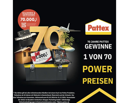 Werbegrafik für das 70 Jahre Pattex Gewinnspiel mit Preisen wie Werkzeugkoffer, Grill und Gartenhaus. Pattex Logo.