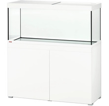 Eheim Aquarium-Kombination mit Glasbecken, Abdeckung und weißem Unterschrank mit zwei Türen.