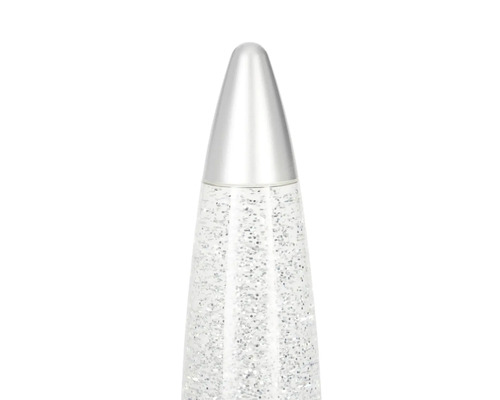 Lampe à paillettes avec paillettes argentées et capuchon argenté pointu.