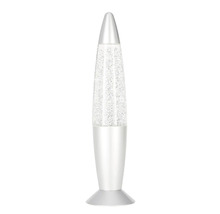 Lampe à paillettes en forme de fusée avec socle en métal et cylindre en verre.
