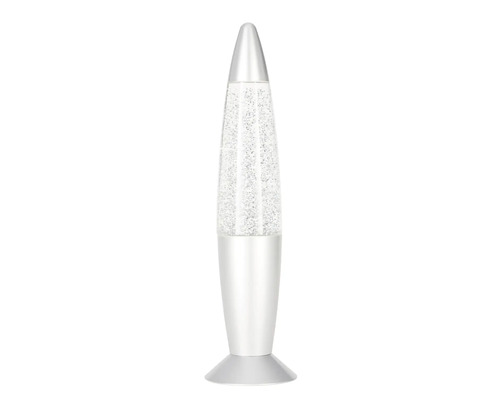 Lampe à paillettes en forme de fusée avec socle en métal et cylindre en verre.