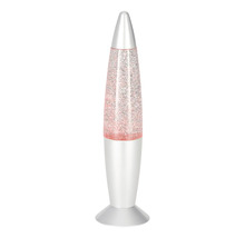 Lampe à paillettes en forme de fusée avec socle argenté et liquide scintillant.