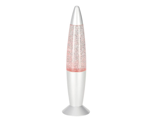 Lampe à paillettes en forme de fusée avec socle argenté et liquide scintillant.