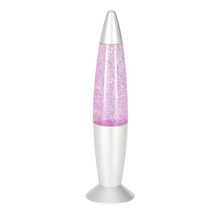 Lampe à paillettes en forme de fusée avec socle argenté et effet pailleté violet.
