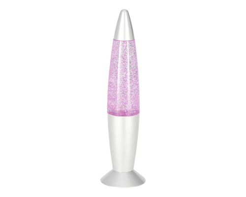 Lampe à paillettes en forme de fusée avec socle argenté et effet pailleté violet.