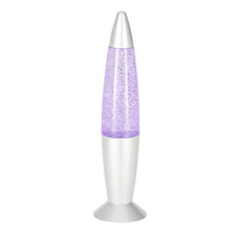 Lampe à paillettes en forme de fusée avec boîtier argenté et paillettes violettes.