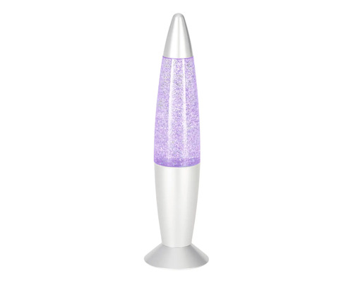 Lampe à paillettes en forme de fusée avec boîtier argenté et paillettes violettes.