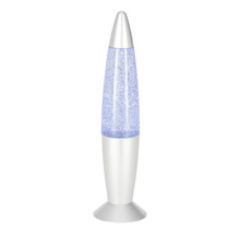 Lampe à paillettes en forme de fusée avec boîtier argenté et paillettes bleues.