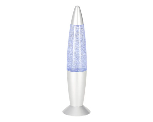 Lampe à paillettes en forme de fusée avec boîtier argenté et paillettes bleues.