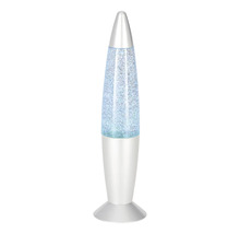 Lampe à paillettes en forme de fusée avec socle argenté et contenu scintillant.