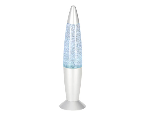 Lampe à paillettes en forme de fusée avec socle argenté et contenu scintillant.