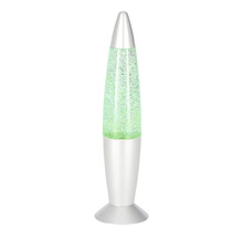 Lampe à paillettes en forme de fusée avec boîtier argenté et effet pailleté vert.