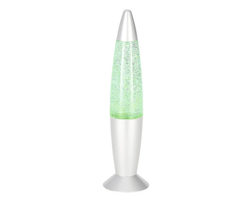 Lampe à paillettes en forme de fusée avec boîtier argenté et effet pailleté vert.