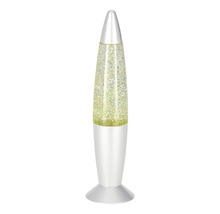 Lampe à paillettes en forme de fusée avec socle en métal argenté et corps en verre.
