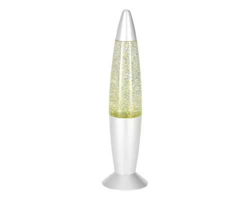 Lampe à paillettes en forme de fusée avec socle en métal argenté et corps en verre.