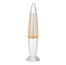 Lampe à paillettes en forme de fusée avec socle argenté et paillettes en mouvement.