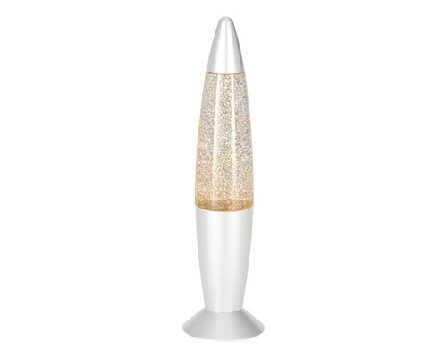 Lampe à paillettes en forme de fusée avec socle argenté et paillettes en mouvement.
