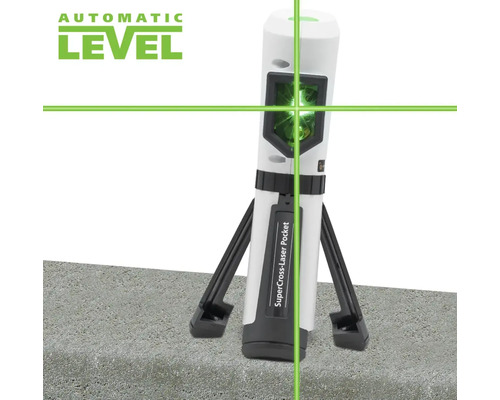 Selbstnivellierender Kreuzlinienlaser Laserliner SuperCross-Laser Pocket mit Standfüßen und grünen Laserlinien auf Beton.