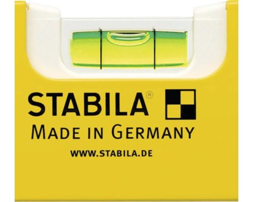 Detailansicht einer Stabila Wasserwaage mit Libelle und Stabila Logo.