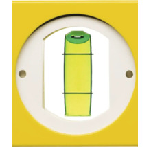 Nahaufnahme der vertikalen Libelle einer Wasserwaage in einem gelben Gehäuse.