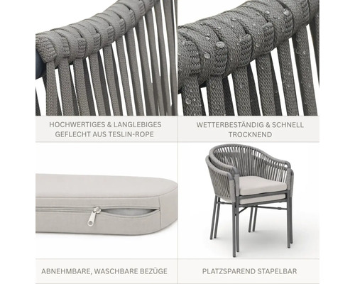 Chaises de jardin empilables avec tressage en corde Teslin grise, propriétés hydrofuges et housses de coussin amovibles et lavables.