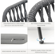 Vues détaillées d une chaise de jardin : tressage Olefin résistant aux intempéries, housses de coussin lavables et pieds réglables.