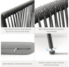Détails mobilier de jardin : tressage corde oléfine, résistant aux intempéries, séchage rapide, housse amovible, pieds réglables.