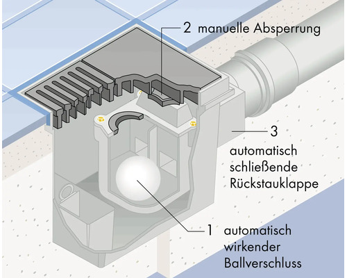 Schematische Darstellung eines Bodenablaufs mit automatischem Ballverschluss, manueller Absperrung und automatischer Rückstauklappe.
