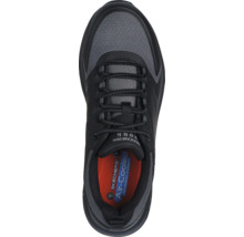 Skechers Work Arbeitsschuh in Schwarz und Grau in der Draufsicht mit Schnürung, Mesh-Material und Air-Cooled Memory Foam Einlegesohle.