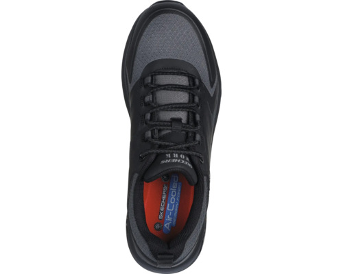 Skechers Work Arbeitsschuh in Schwarz und Grau in der Draufsicht mit Schnürung, Mesh-Material und Air-Cooled Memory Foam Einlegesohle.