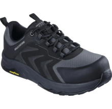 Skechers Work Sicherheitsschuh aus Mesh und Synthetik mit Skechers Work Logo, Goodyear Logo und Zehenschutzkappe.