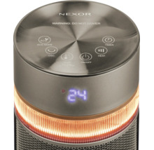 Bedienfeld eines Nexor Heizlüfters mit Touch-Display, Digitalanzeige und verschiedenen Einstellungsoptionen für Temperatur und Modus.