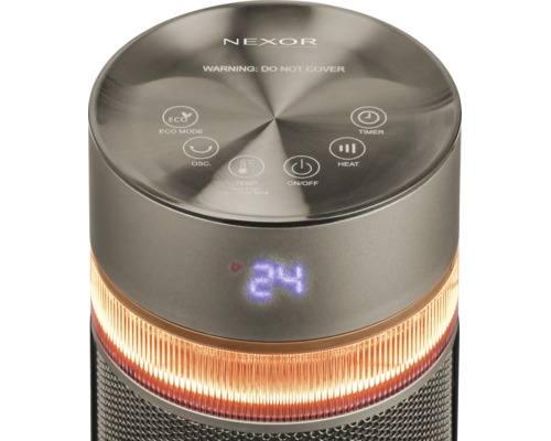 Bedienfeld eines Nexor Heizlüfters mit Touch-Display, Digitalanzeige und verschiedenen Einstellungsoptionen für Temperatur und Modus.